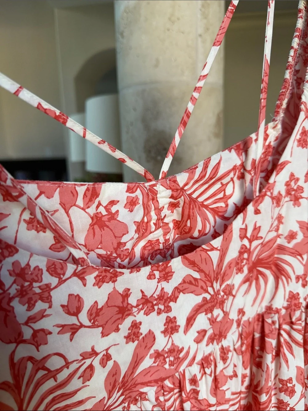 Aqua Coral and Creme White Floral Cotton Maxi Dress with Puff Sleeves Sz Small